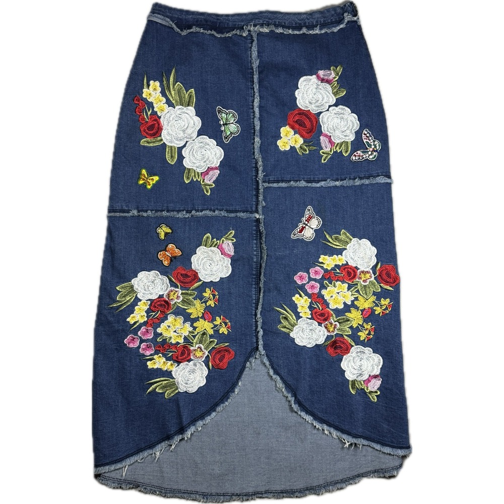 Vintage V Cristina Skirt Women 10 Blue Embroidered Floral Butterfly Frayed Denim